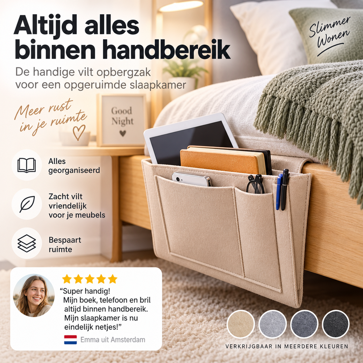 🛏️ Vilten bedorganizer voor boeken en kleine spullen