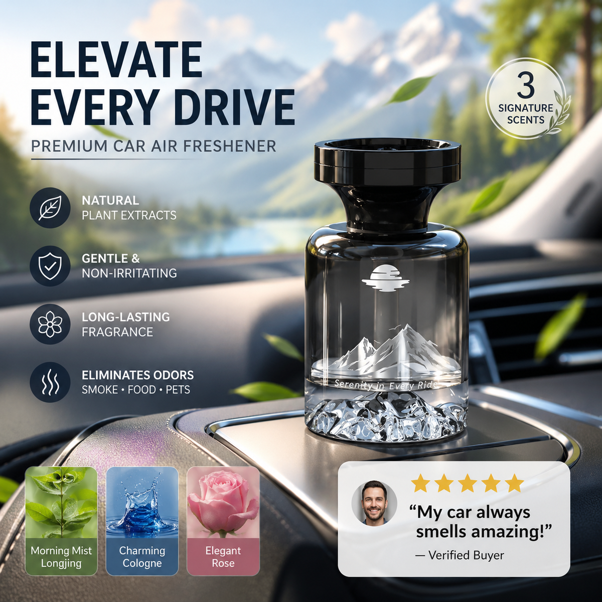 🥳UITVERKOOP 2026🥳💞MEER DAN 50.000 VERKOCHT!🚗🌿 50% KORTING! 110 ml langwerkende luchtverfrisser voor in de auto – Natuurlijke plantenextracten, verwijdert rook- en huisdiergeuren. Wekenlang fris. Bergmotief. Adem rustig door! 💨