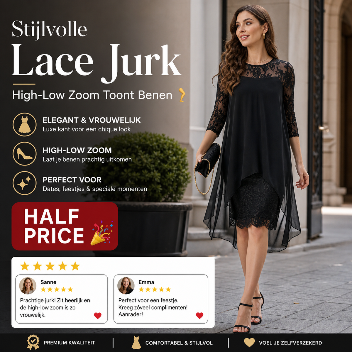 💃 FLASH SALE! 🌸 Stijlvolle Lace Jurk Met High-Low Design – Perfect Voor Feestjes, Dates & Speciale Momenten