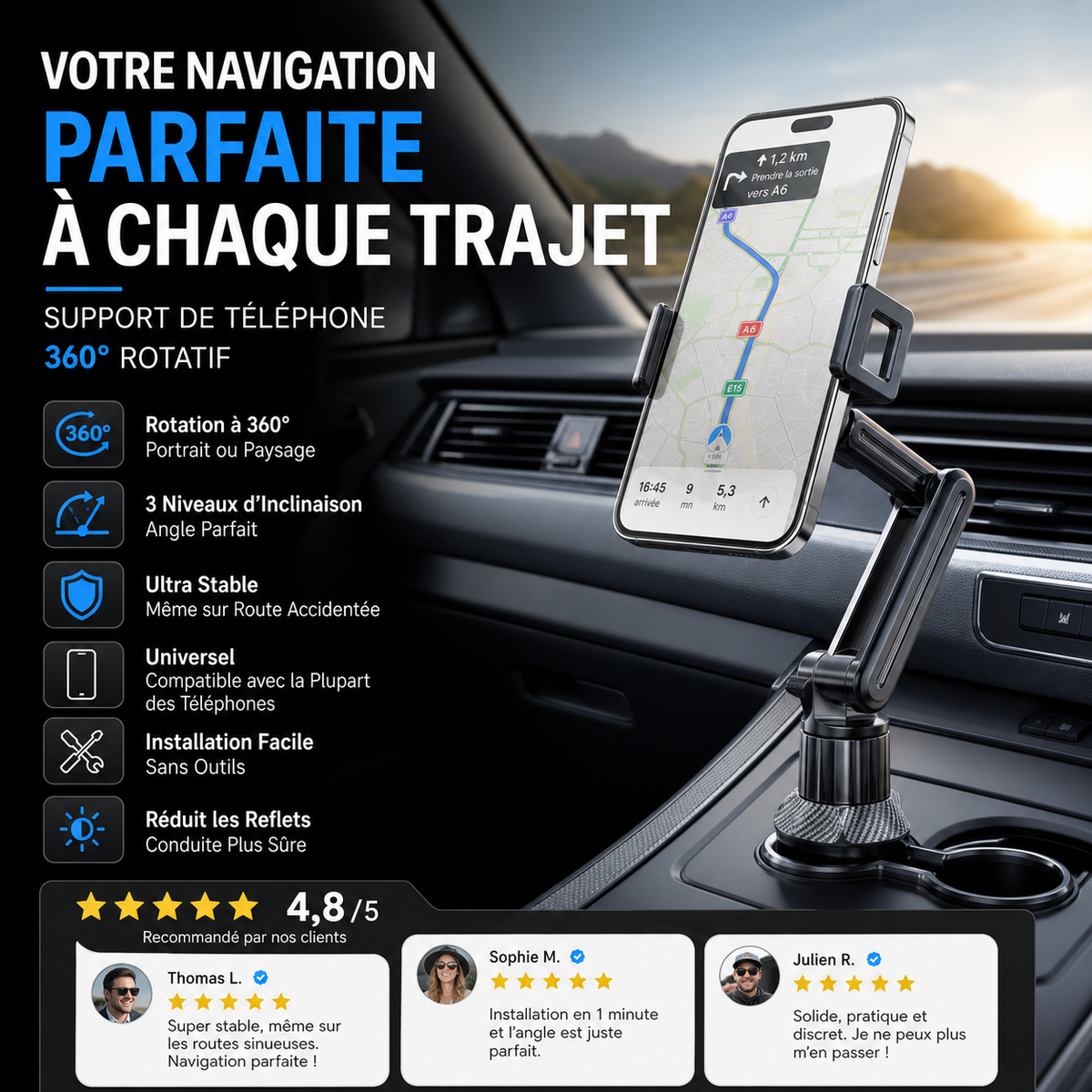 🚗 360° draaibare en verstelbare mobiele telefoonhouder voor in de auto– Draaibaar, verstelbaar & universeel✨
