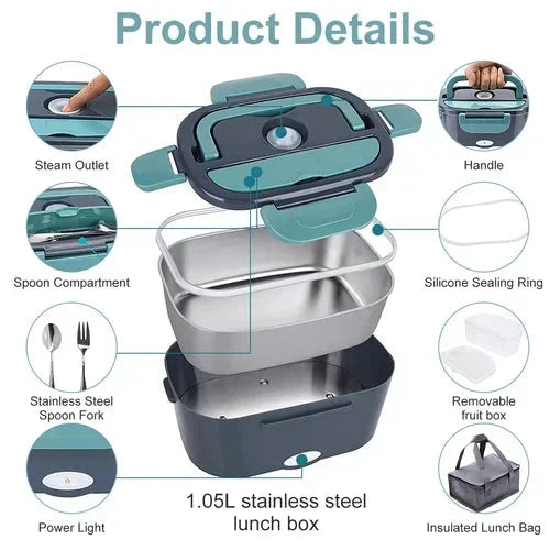 Draagbare Elektrische Lunch Box 60W - Auto & Thuis Verwarmde Lunchbox 1,5L
