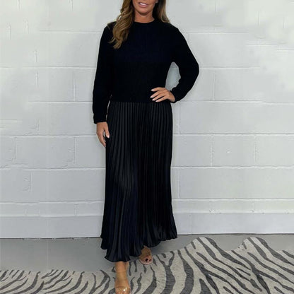 Elegante Ronde Hals Geplooide Maxi Jurk voor Dames - Lange Mouwen Sweatshirt Jurk
