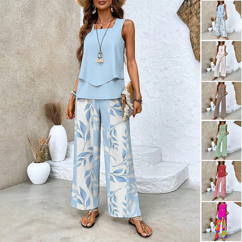 🌸Dames Trendy Print 2-delige Outfits Mouwloze Top & Broek