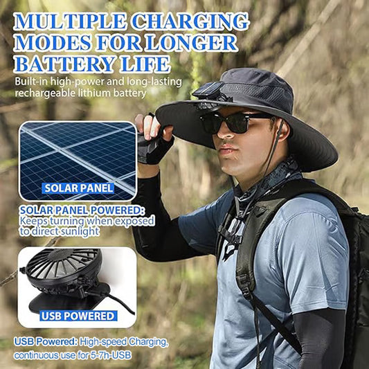 🧢 50% KORTING! ✨ Zonnepaneel Ventilator Zonnehoed – UPF 50+, Dubbele Voeding, Ultralicht ☀️