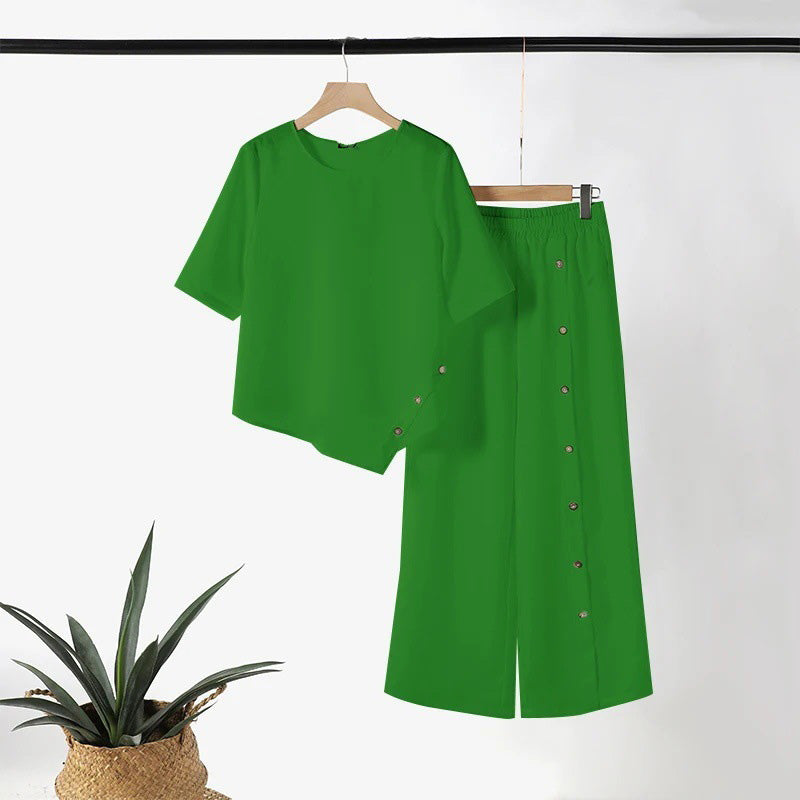🎁2026 Nieuw binnen 50% KORTING💥👚👖 Vrouwenset met onregelmatige zoom, top en broek met wijde pijpen