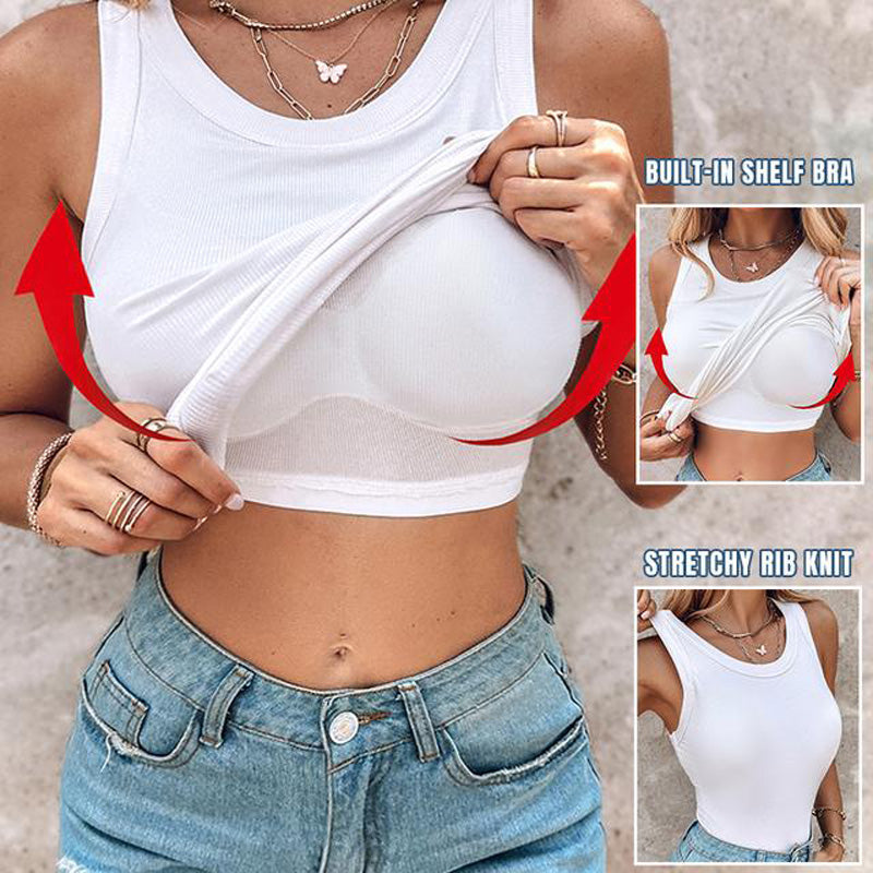 🔥 TIJDELIJK 50% KORTING! 👕 Geribbelde tanktop voor dames met ingebouwde bh – lichte ondersteuning, brede bandjes, geribbeld 🌸