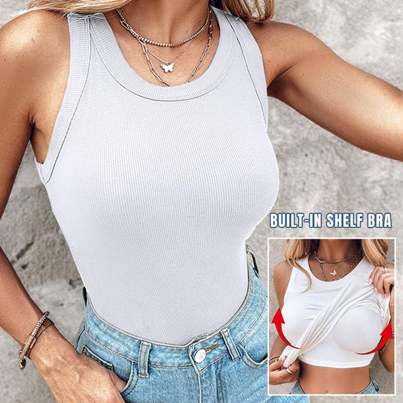 🔥 TIJDELIJK 50% KORTING! 👕 Geribbelde tanktop voor dames met ingebouwde bh – lichte ondersteuning, brede bandjes, geribbeld 🌸