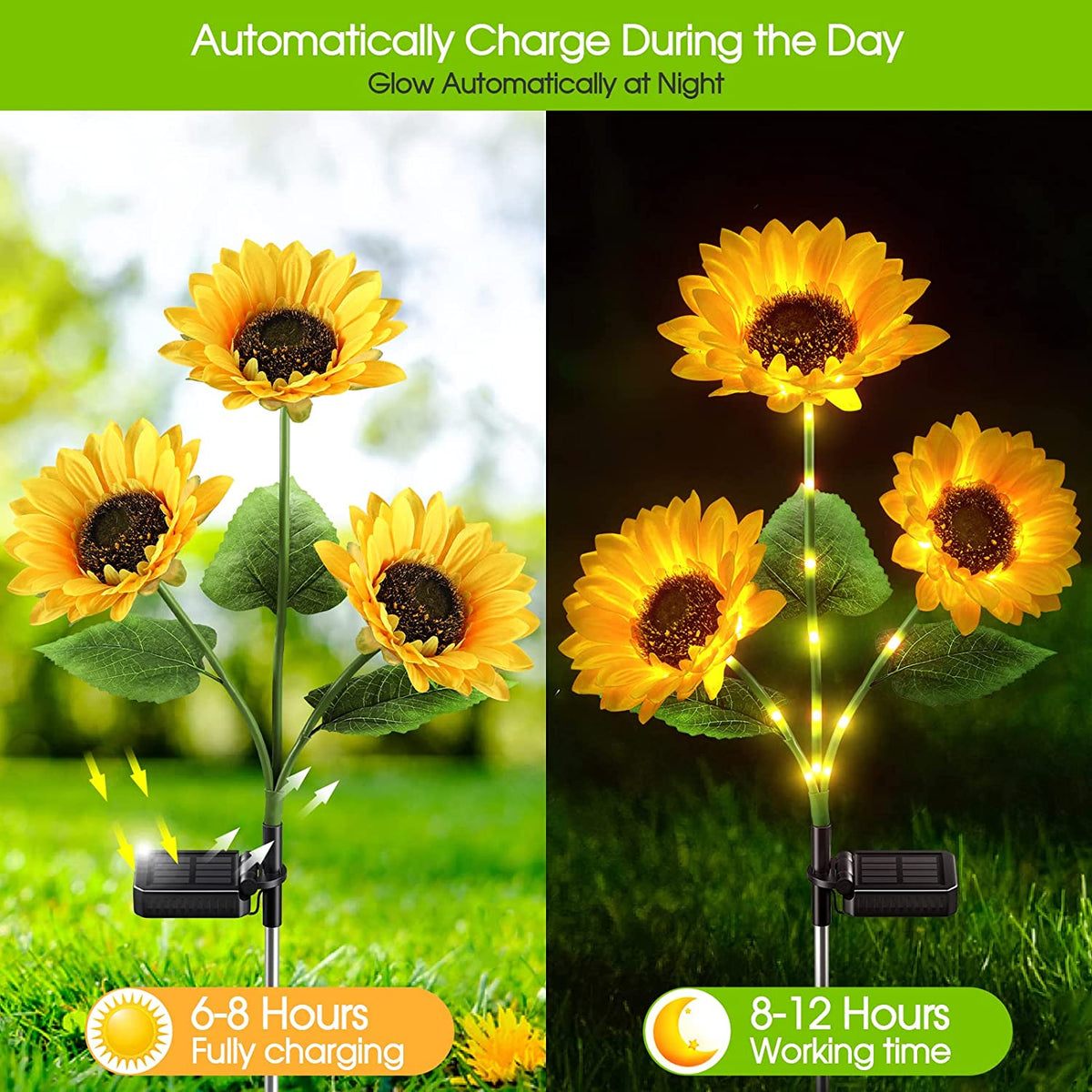 Zonnebloem Solar Lampen – Automatisch aan/uit, 14 uur verlichting, IP65 waterdicht