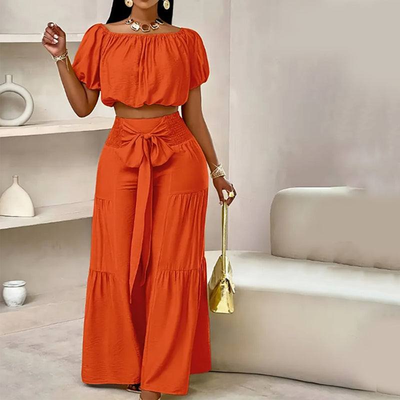 👑Vrouwen 2-delige Set: Off-shoulder Top met Pofmouwen en Wijd-pijpen Broek ✨
