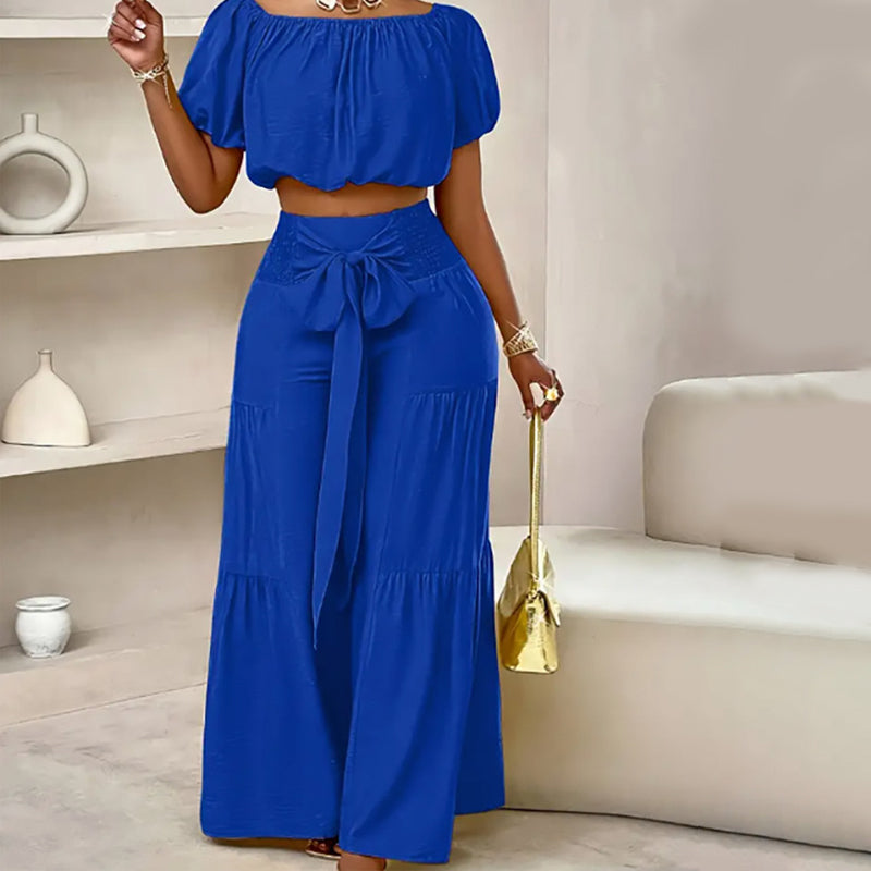 👑Vrouwen 2-delige Set: Off-shoulder Top met Pofmouwen en Wijd-pijpen Broek ✨