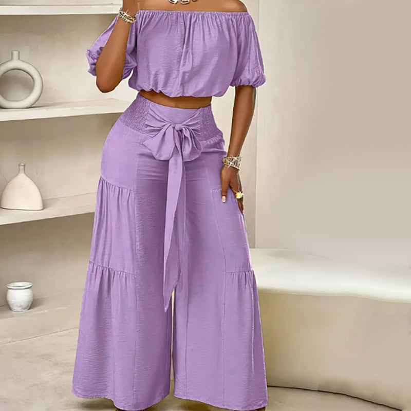 👑Vrouwen 2-delige Set: Off-shoulder Top met Pofmouwen en Wijd-pijpen Broek ✨