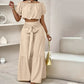 👑Vrouwen 2-delige Set: Off-shoulder Top met Pofmouwen en Wijd-pijpen Broek ✨