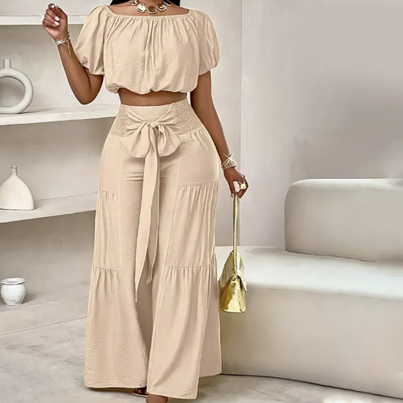 👑Vrouwen 2-delige Set: Off-shoulder Top met Pofmouwen en Wijd-pijpen Broek ✨