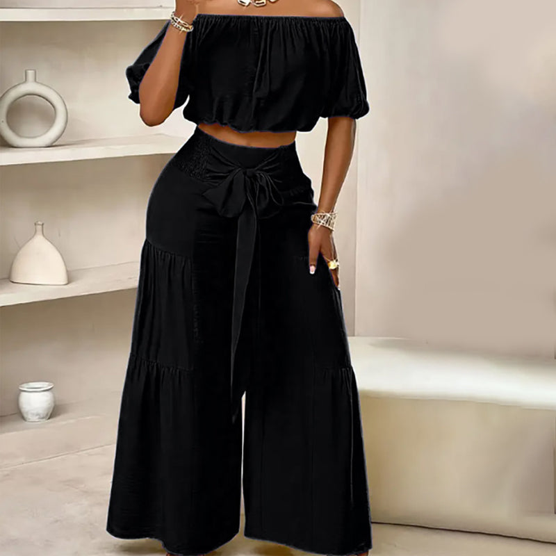 👑Vrouwen 2-delige Set: Off-shoulder Top met Pofmouwen en Wijd-pijpen Broek ✨