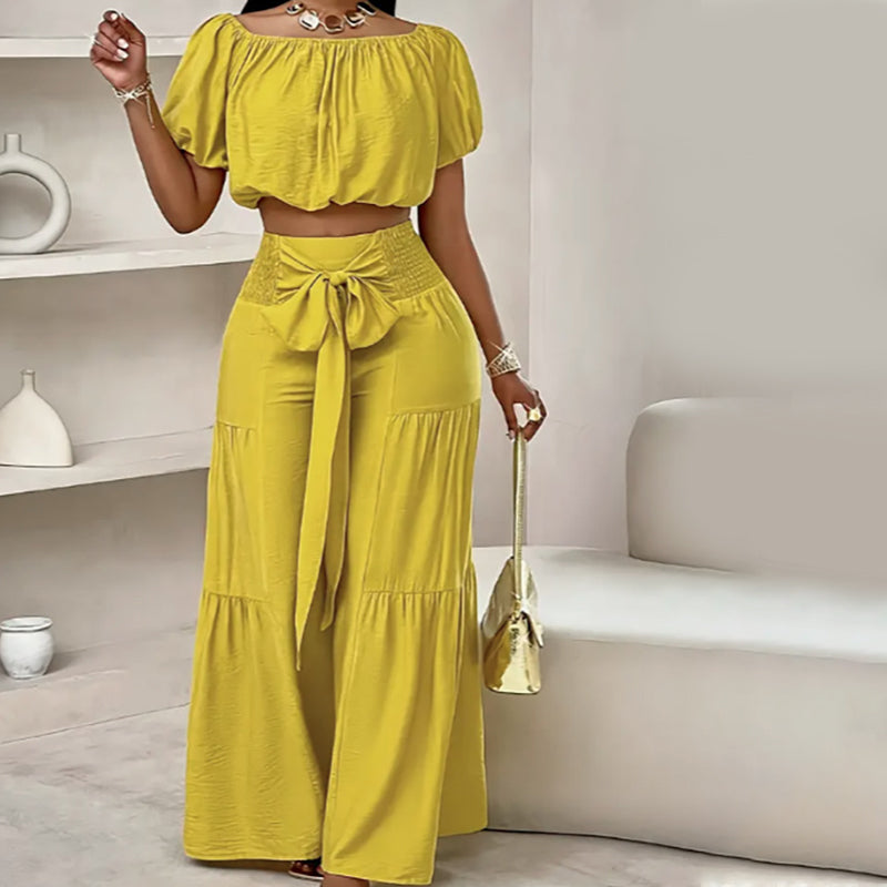👑Vrouwen 2-delige Set: Off-shoulder Top met Pofmouwen en Wijd-pijpen Broek ✨