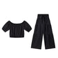 👑Vrouwen 2-delige Set: Off-shoulder Top met Pofmouwen en Wijd-pijpen Broek ✨