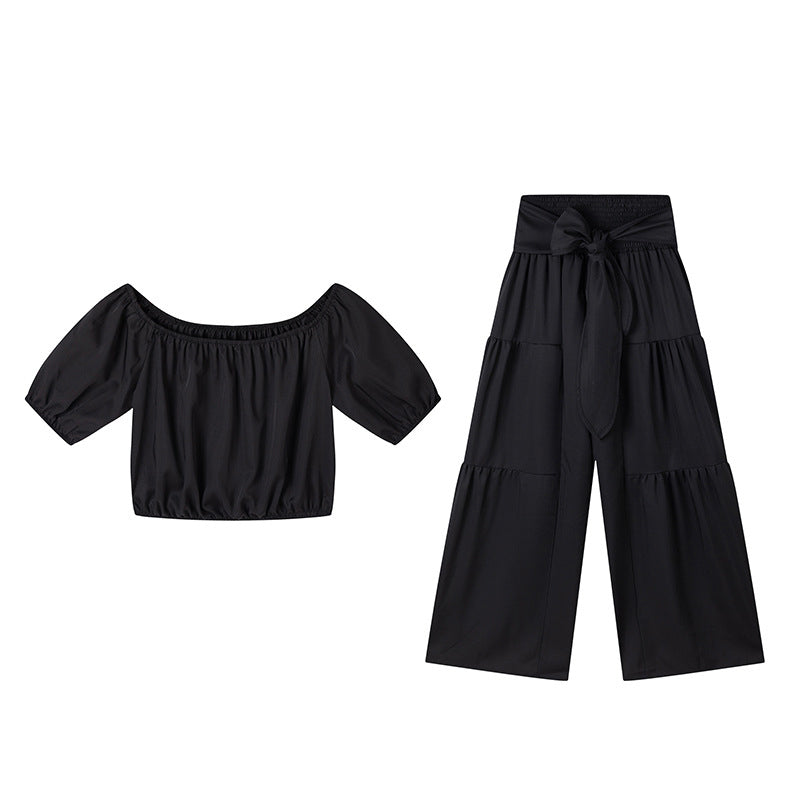 👑Vrouwen 2-delige Set: Off-shoulder Top met Pofmouwen en Wijd-pijpen Broek ✨