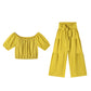 👑Vrouwen 2-delige Set: Off-shoulder Top met Pofmouwen en Wijd-pijpen Broek ✨