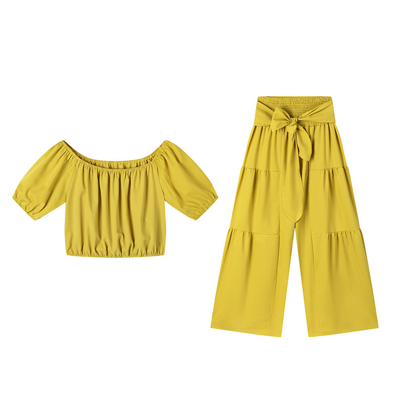 👑Vrouwen 2-delige Set: Off-shoulder Top met Pofmouwen en Wijd-pijpen Broek ✨