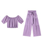 👑Vrouwen 2-delige Set: Off-shoulder Top met Pofmouwen en Wijd-pijpen Broek ✨