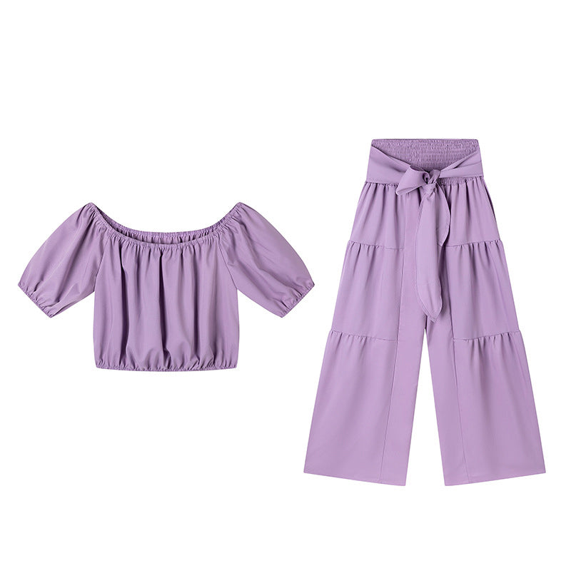 👑Vrouwen 2-delige Set: Off-shoulder Top met Pofmouwen en Wijd-pijpen Broek ✨