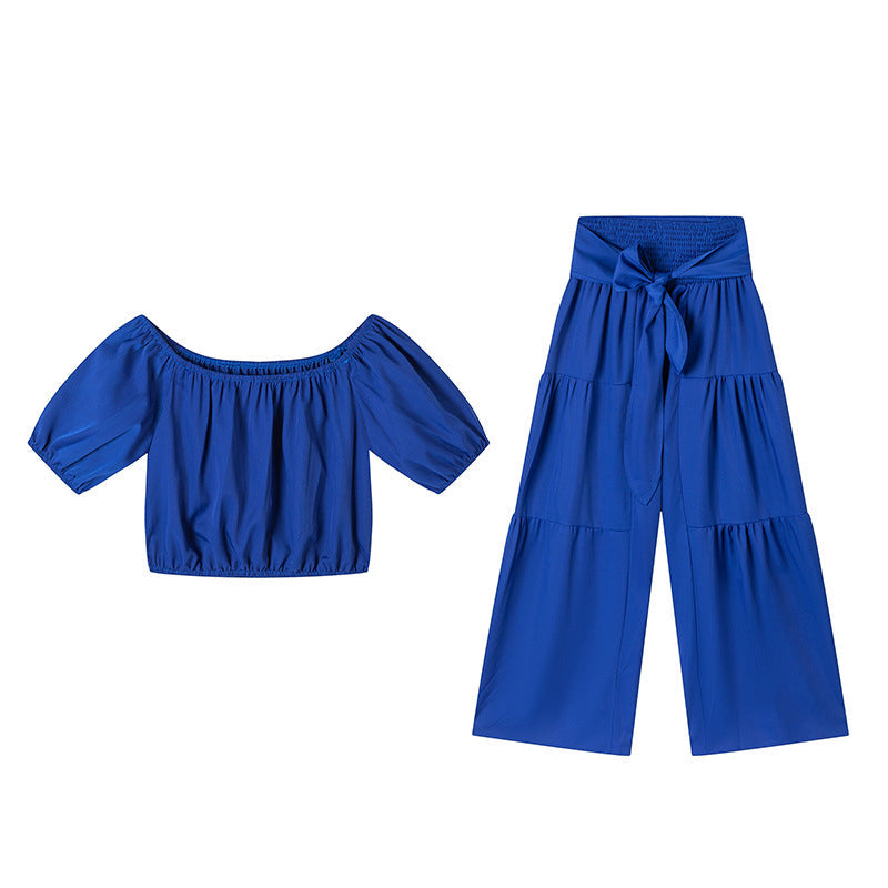 👑Vrouwen 2-delige Set: Off-shoulder Top met Pofmouwen en Wijd-pijpen Broek ✨