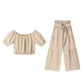 👑Vrouwen 2-delige Set: Off-shoulder Top met Pofmouwen en Wijd-pijpen Broek ✨