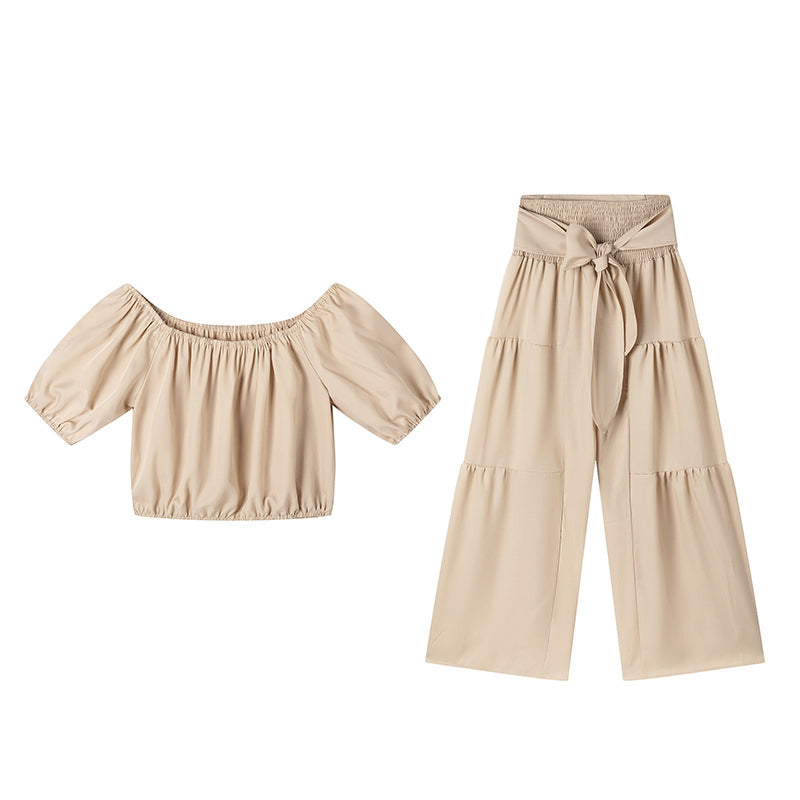 👑Vrouwen 2-delige Set: Off-shoulder Top met Pofmouwen en Wijd-pijpen Broek ✨