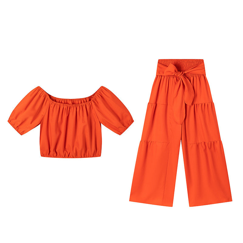👑Vrouwen 2-delige Set: Off-shoulder Top met Pofmouwen en Wijd-pijpen Broek ✨
