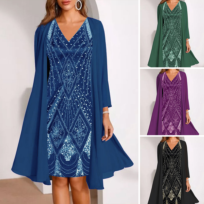 🔥50% KORTING + 50K+ VERKOCHT👗 Tweedelige dames set V-hals jurk transparante jas kwalitatieve mengstof figuurvriendelijk