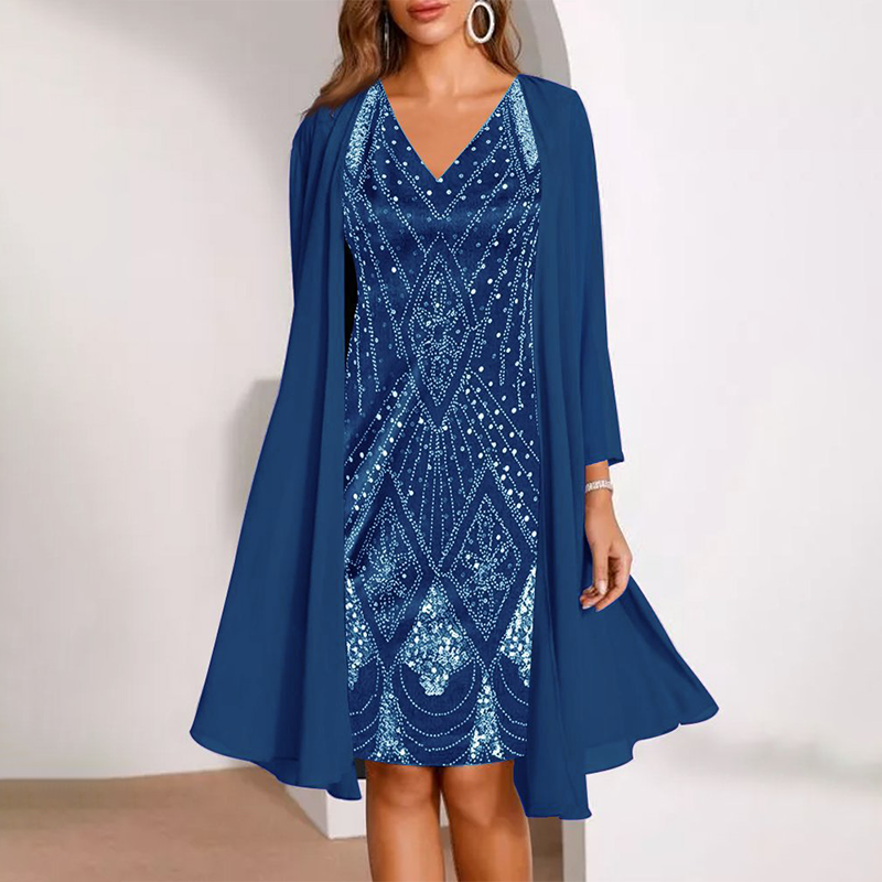 🔥50% KORTING + 50K+ VERKOCHT👗 Tweedelige dames set V-hals jurk transparante jas kwalitatieve mengstof figuurvriendelijk