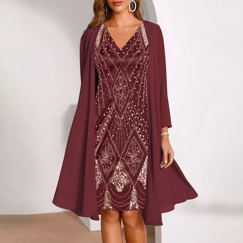 🔥50% KORTING + 50K+ VERKOCHT👗 Tweedelige dames set V-hals jurk transparante jas kwalitatieve mengstof figuurvriendelijk