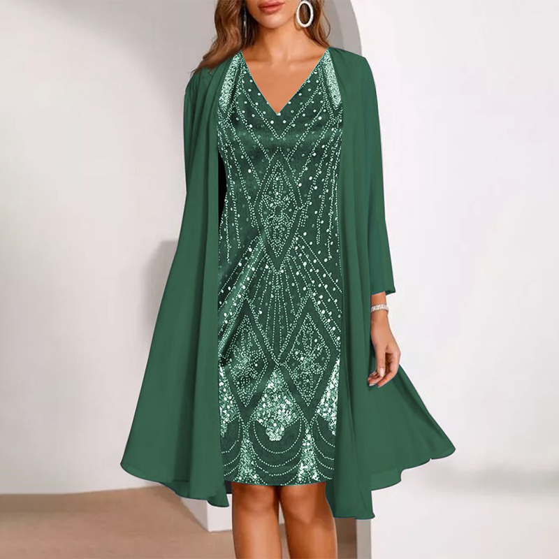 🔥50% KORTING + 50K+ VERKOCHT👗 Tweedelige dames set V-hals jurk transparante jas kwalitatieve mengstof figuurvriendelijk