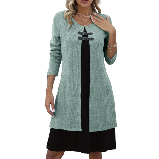 👗Dames Jurk Tweedelig💖A-Lijn Silhouet, Chique Gespaccenten & Comfortabele Geribbeld Stof