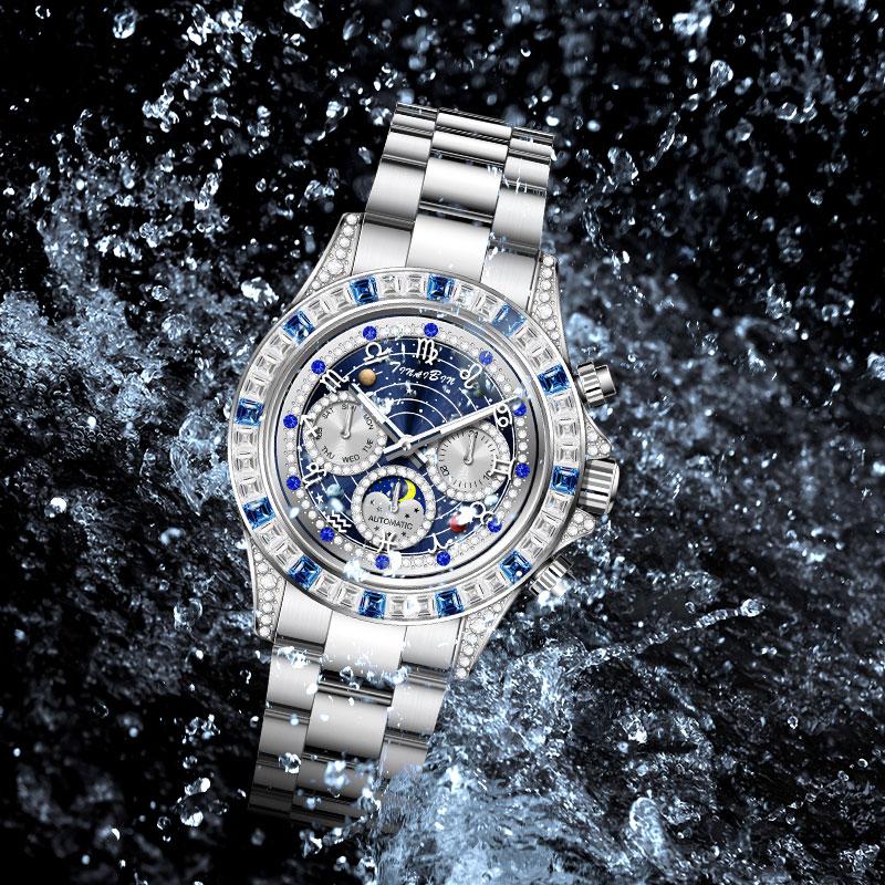 🌟TINAIBIN Twaalf Dierenriem & Sterrenhemel Diamant Automatisch Skelet Horloge voor Heren⌚✨