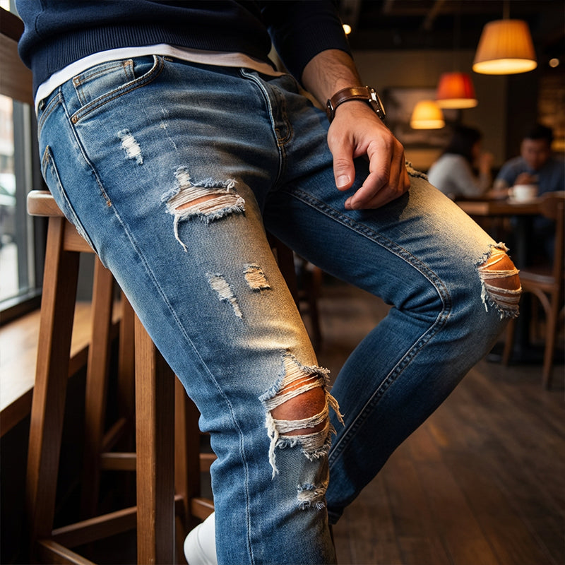 🔥Stijlvolle skinny jeans met een verwassen look voor heren – Slim fit, ademend katoen en stoere scheurdetails