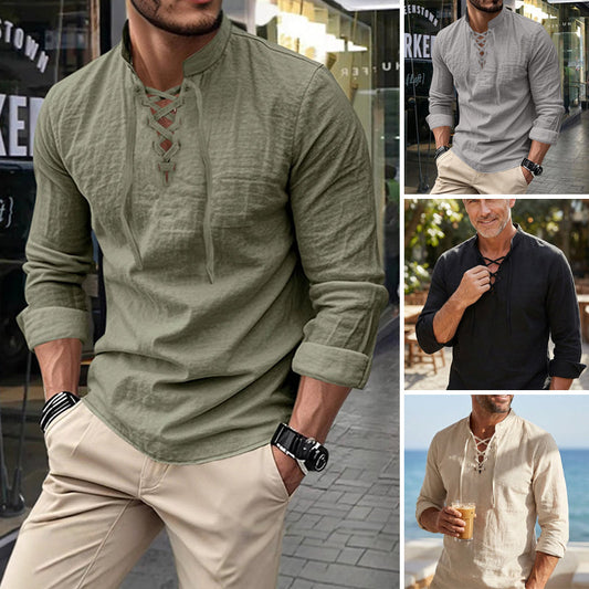 👔 NU 50% KORTING! 💎 Casual herenoverhemd in effen kleur – vetersluiting bij de hals, moderne opstaande kraag en ademend katoen ✨