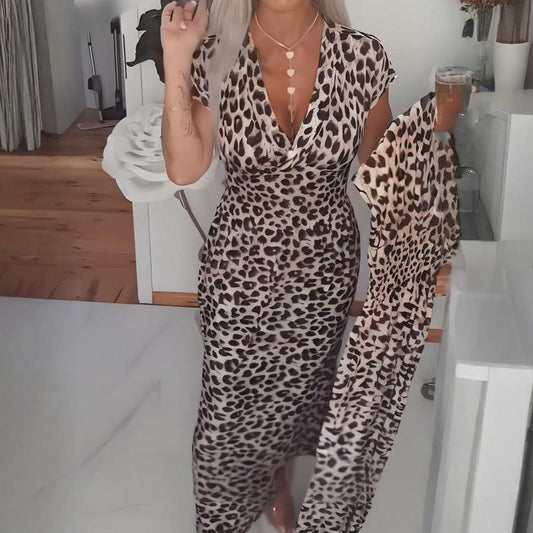 👗Nieuw binnen 50% KORTING!🥰Damesjurk met V-hals en luipaardprin
