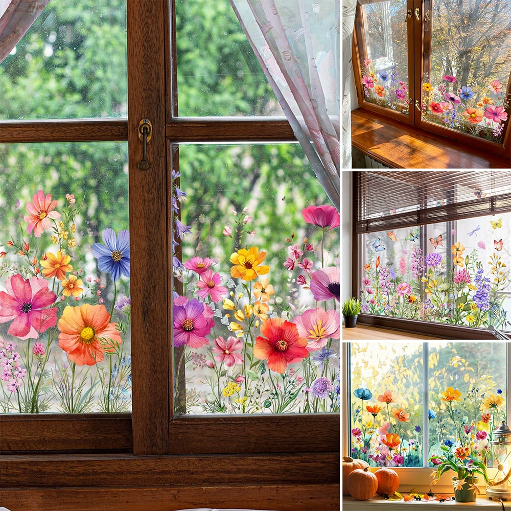🌸Venster vol Leven: Kleurrijk Bloemenboeket Raamsticker – Geen Lijmresten, Geen Gedoe!