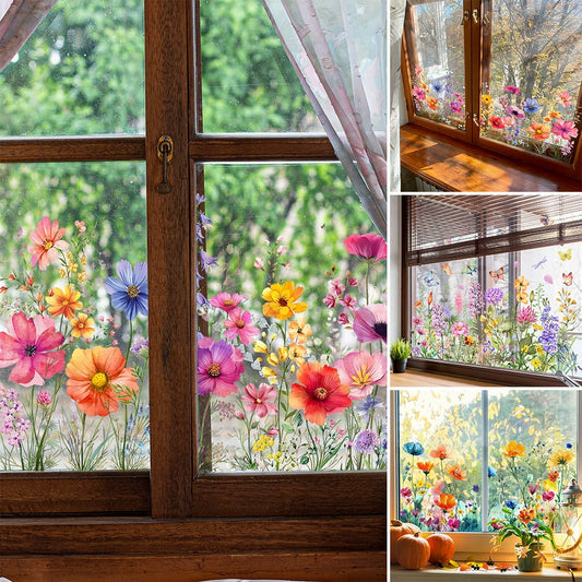 🌸Venster vol Leven: Kleurrijk Bloemenboeket Raamsticker – Geen Lijmresten, Geen Gedoe!