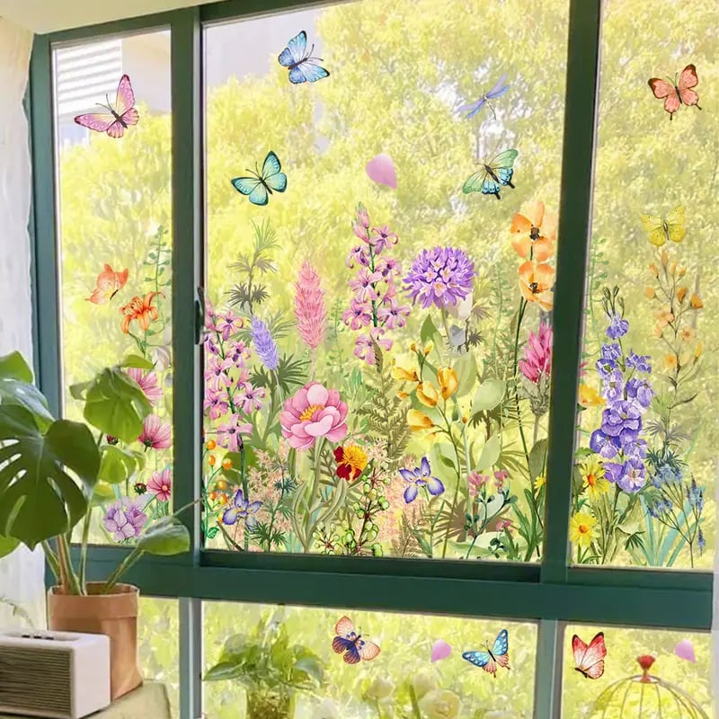 🌸Venster vol Leven: Kleurrijk Bloemenboeket Raamsticker – Geen Lijmresten, Geen Gedoe!