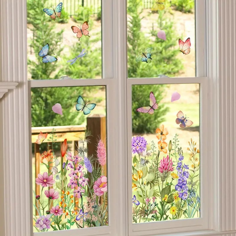 🌸Venster vol Leven: Kleurrijk Bloemenboeket Raamsticker – Geen Lijmresten, Geen Gedoe!