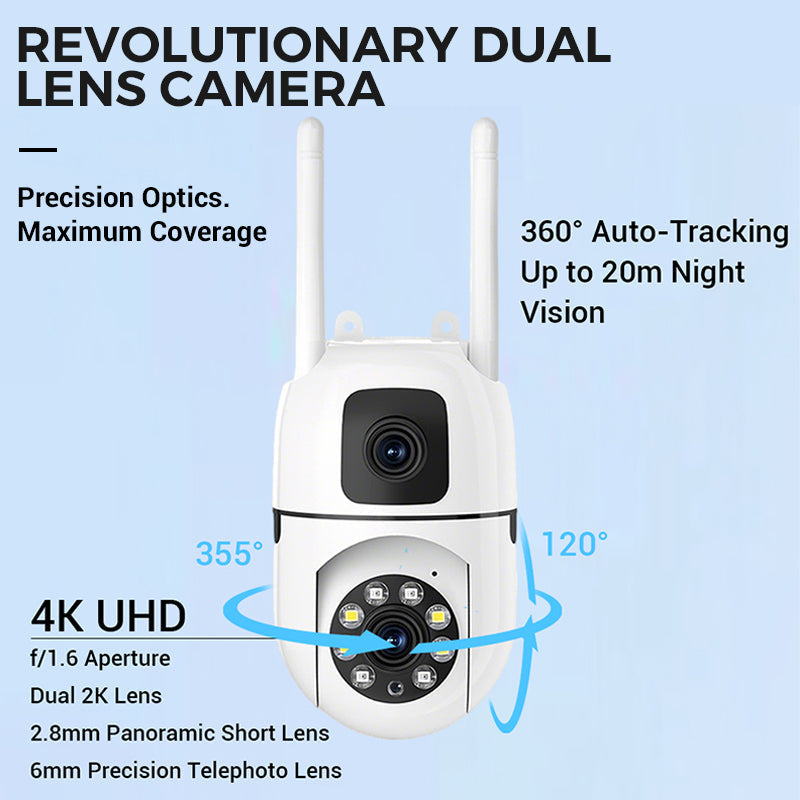 🔍🔍360° pan-tilt 4K-beveiligingscamera met dubbele lens
