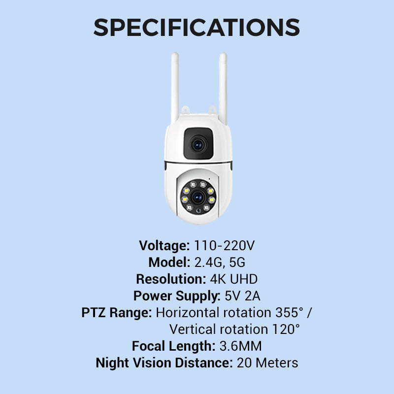 🔍🔍360° pan-tilt 4K-beveiligingscamera met dubbele lens