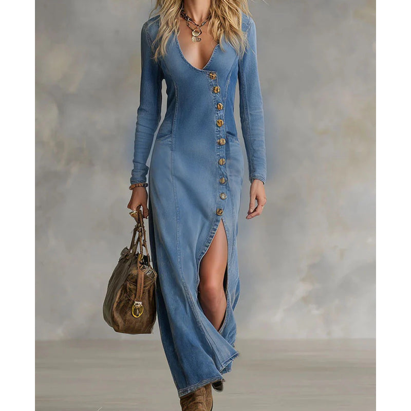👗50% KORTING!🔥 Maxi-jurk met lange mouwen en V-hals voor dames – Zachte stof, nauwsluitende pasvorm en elegante hoge split💫💃