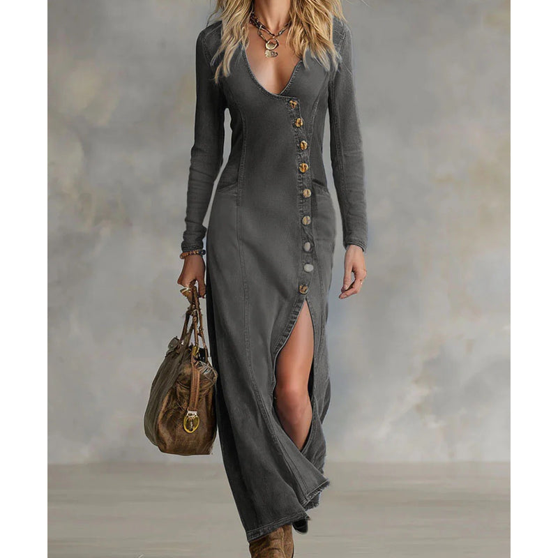 👗50% KORTING!🔥 Maxi-jurk met lange mouwen en V-hals voor dames – Zachte stof, nauwsluitende pasvorm en elegante hoge split💫💃