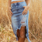 💙50% KORTING! 💎 Dames Hoge Taille Gescheurde Denim Midi Rok – Asymmetrische Zoom, Distressed Details & Flatterende Pasvorm 👖✨