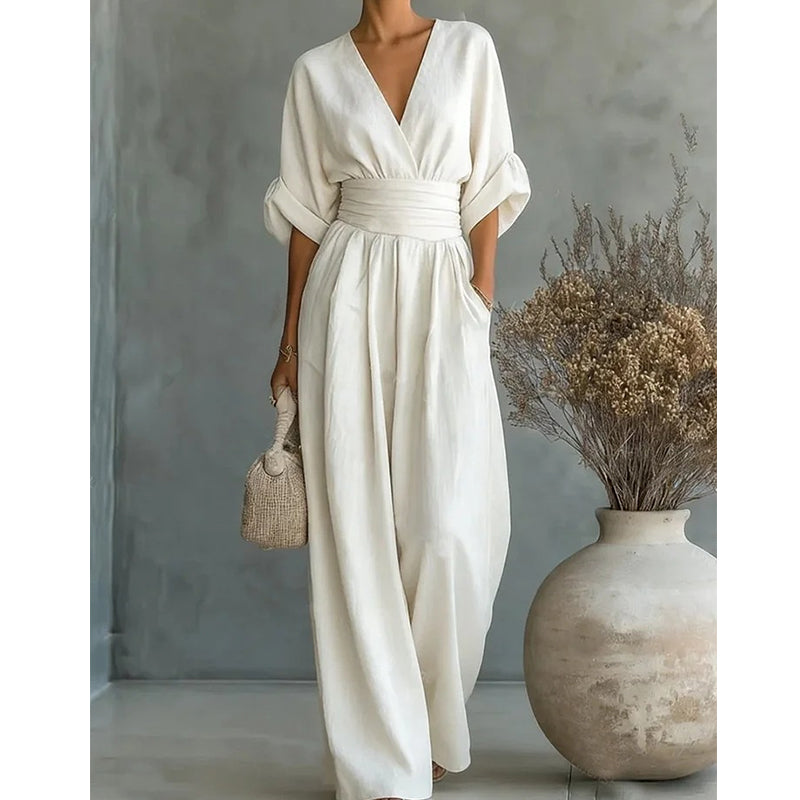 Elegante jumpsuit met V-hals en wijde pijpen