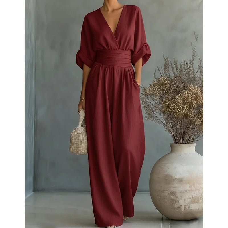 Elegante jumpsuit met V-hals en wijde pijpen