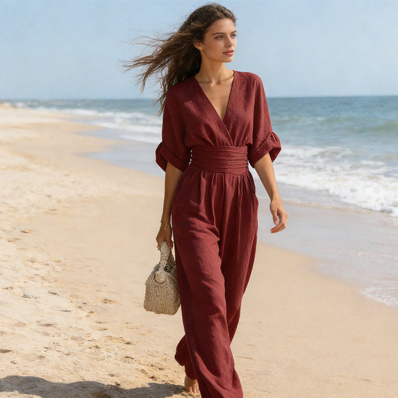 Elegante jumpsuit met V-hals en wijde pijpen